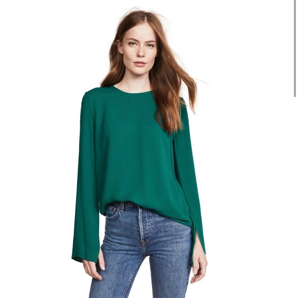 theory Bringam bell sleeve silk green ivy top blouse
